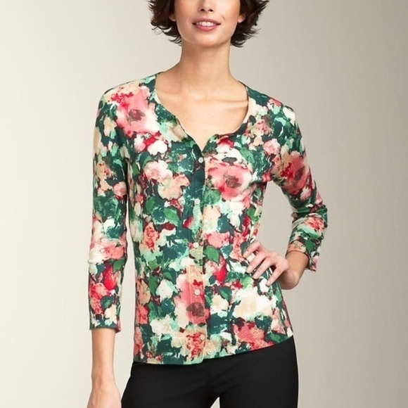 Talbots Water Color Floral Green Pink Cardigan  XS - Picture 3 of 9